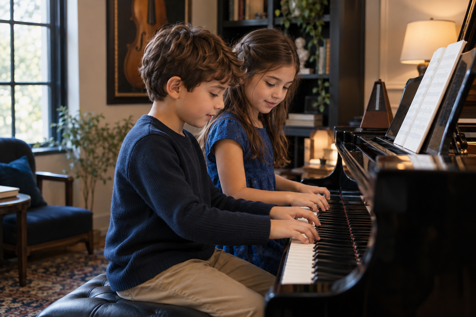 Boy and girl learning piano in a warm music studio